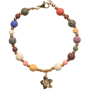 Bracelet composé de perles en acier doré, de perles multicolores et d'un pendentif en forme de fleur en acier doré sertie d'un strass. Fermoir mousqueton avec 3 cm de rallonge.