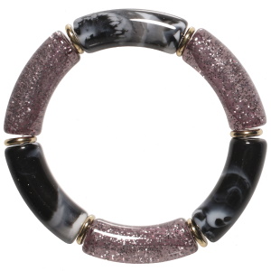 Bracelet fantaisie élastique composé de rondelles en acier doré et de tubes de couleur noir et avec des paillettes.