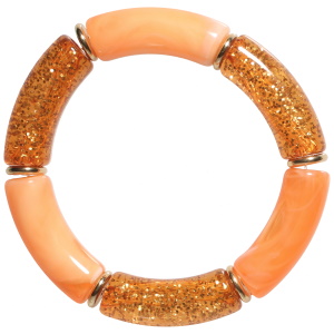 Bracelet fantaisie élastique composé de rondelles en acier doré et de tubes de couleur orange et avec des paillettes.