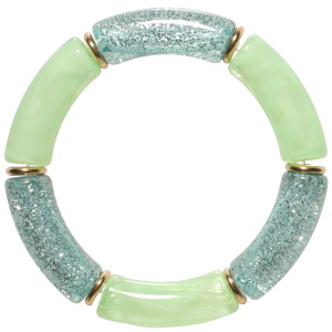 Bracelet fantaisie élastique composé de rondelles en acier doré et de tubes de couleur vert et avec des paillettes.