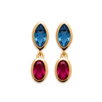 Boucles d'oreilles pendantes en plaqué or jaune 18 carats serties de deux pierres de couleur bleue et violette.