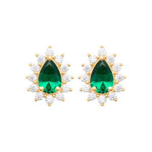 Boucles d'oreilles en plaqué or jaune 18 carats surmontées d'un oxyde de zirconium vert serti griffes en forme de goutte entouré d'oxydes de zirconium blancs.