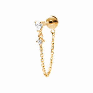 Piercing avec une chaînette en plaqué or jaune 18 carats serti de deux oxydes de zirconium blancs et une tige en titane. Vendu à l'unité.