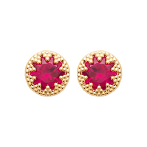 Boucles d'oreilles puces en plaqué or jaune 18 carats serties griffes d'une pierre de couleur rose.