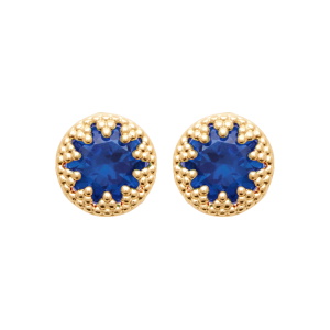 Boucles d'oreilles puces en plaqué or jaune 18 carats serties griffes d'une pierre de couleur bleue.