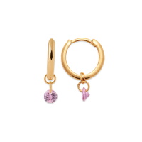 Boucles d'oreilles créoles en plaqué or jaune 18 carats avec pendants en pierre synthétique de couleur rose.