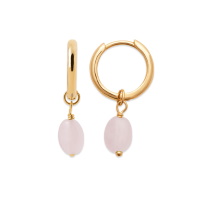 Boucles d'oreilles créoles en plaqué or jaune 18 carats et pendants en véritable pierre de quartz rose.