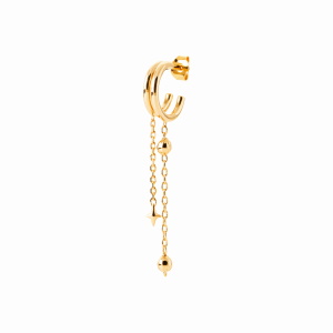 Boucle d'oreille créole double rangs avec deux chaînettes, deux perles et une étoile en plaqué or jaune 18 carats. Vendu à l'unité.