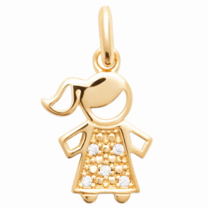 Pendentif en forme de dessin de fille en plaqué or jaune 18 carats pavé d'oxydes de zirconium blancs. Vendu seul sans chaine.