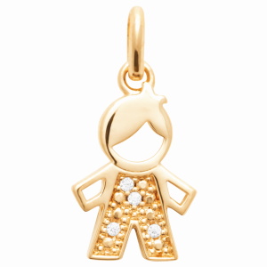 Pendentif en forme de dessin de garçon en plaqué or jaune 18 carats pavé d'oxydes de zirconium blancs. Vendu seul sans chaine.