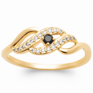 Bague avec anneaux entrelacés en plaqué or jaune 18 carats pavée d'oxydes de zirconium blancs et sertie griffe d'une pierre de couleur noire.