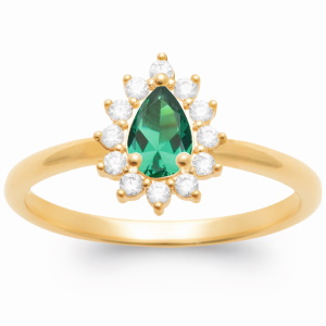 Bague en plaqué or jaune 18 carats surmontée d'un oxyde de zirconium vert serti griffes en forme de goutte entouré d'oxydes de zirconium blancs.