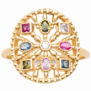 Bague en forme de rosace en plaqué or jaune 18 carats sertie d'oxydes de zirconium multicolores.