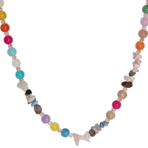 Collier fantaisie composé d'un cordon, de perles et de pierres multicolores. Fermoir mousqueton en acier doré avec 5 cm de rallonge.