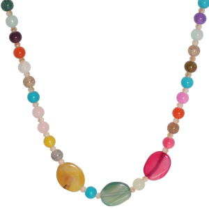 Collier fantaisie composé d'un cordon, de perles multicolores et de trois pierres multicolores. Fermoir mousqueton en acier doré avec 5 cm de rallonge.