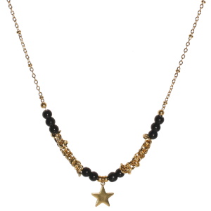 Collier composé d'une chaîne en acier doré, de perles de couleur noire et d'un pendentif en forme d'étoile Fermoir mousqueton avec 5 cm de rallonge.