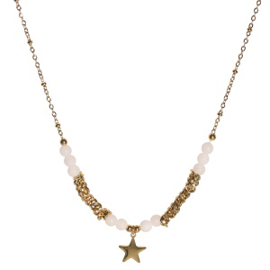 Collier composé d'une chaîne en acier doré, de perles de couleur blanche et d'un pendentif en forme d'étoile Fermoir mousqueton avec 5 cm de rallonge.