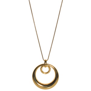 Collier sautoir composé d'une chaîne et d'un pendentif double cercle en acier doré. Fermoir mousqueton avec 5 cm de rallonge.