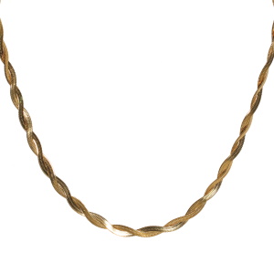 Collier composé de deux chaînes maille serpent entrelacées en acier doré. Fermoir mousqueton avec 5 cm de rallonge.