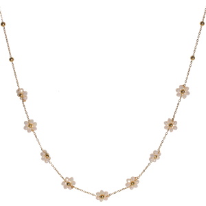 Collier composé d'une chaîne en acier doré et de fleurs en perles de couleur beige. Fermoir mousqueton avec 5 cm de rallonge.