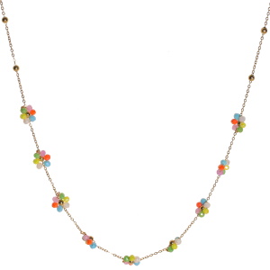 Collier composé d'une chaîne en acier doré et de fleurs en perles multicolores. Fermoir mousqueton avec 5 cm de rallonge.