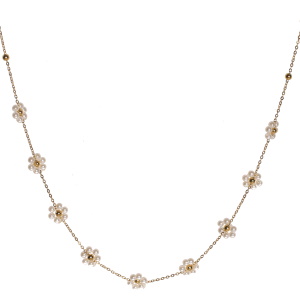 Collier composé d'une chaîne en acier doré et de fleurs en perles d'imitation. Fermoir mousqueton avec 5 cm de rallonge.