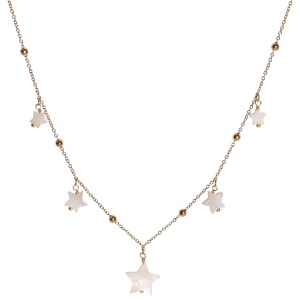 Collier composé d'une chaîne en acier doré et de pampilles en forme d'étoile en nacre d'imitation. Fermoir mousqueton avec 5 cm de rallonge.