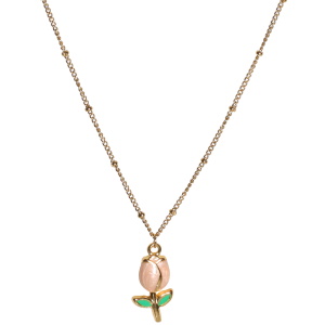 Collier composé d'une chaîne en acier doré et d'un pendentif en forme de fleur pavée d'émail de couleur. Fermoir mousqueton avec 5 cm de rallonge.