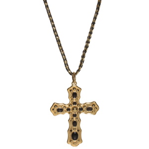 Collier sautoir composé d'un cordon noir et doré et d'un pendentif en forme croix en acier doré pavée d'émail. Fermoir mousqueton avec 3 cm de rallonge.