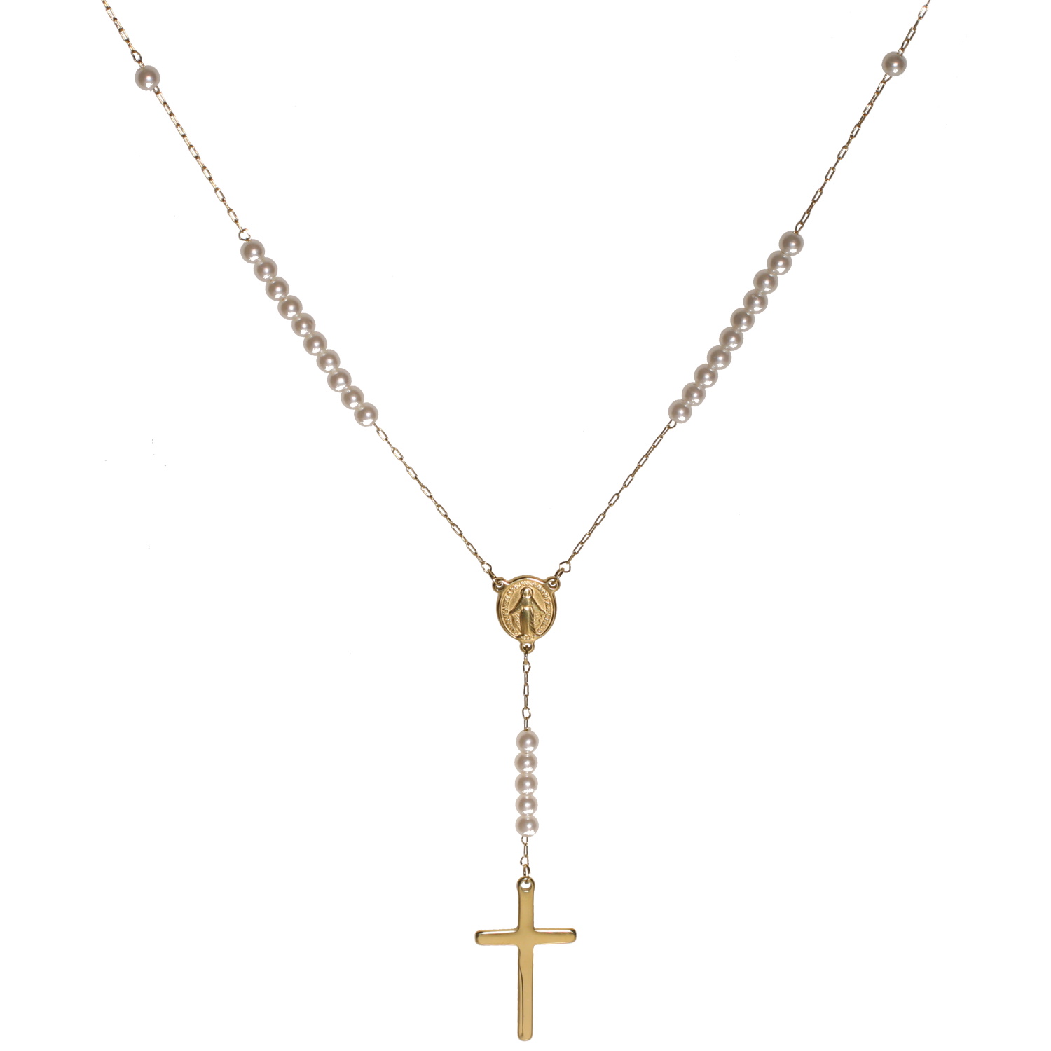 Collier de forme Y composé d'une chaîne en acier doré, de perles d'imitation, d'un médaillon religieux et d'un pendentif en forme de croix<br/>Fermoir mousqueton avec 5 cm de rallonge. Croix Perle Adolescent Adulte Femme Fille Indémodable Religion Symboles Collier de forme Y composé d'une chaîne en acier doré, de perles d'imitation, d'un médaillon religieux et d'un pendentif en forme de croix<br/>Fermoir mousqueton avec 5 cm de rallonge. Croix Perle Adolescent Adulte Femme Fille Indémodable Religion Symboles