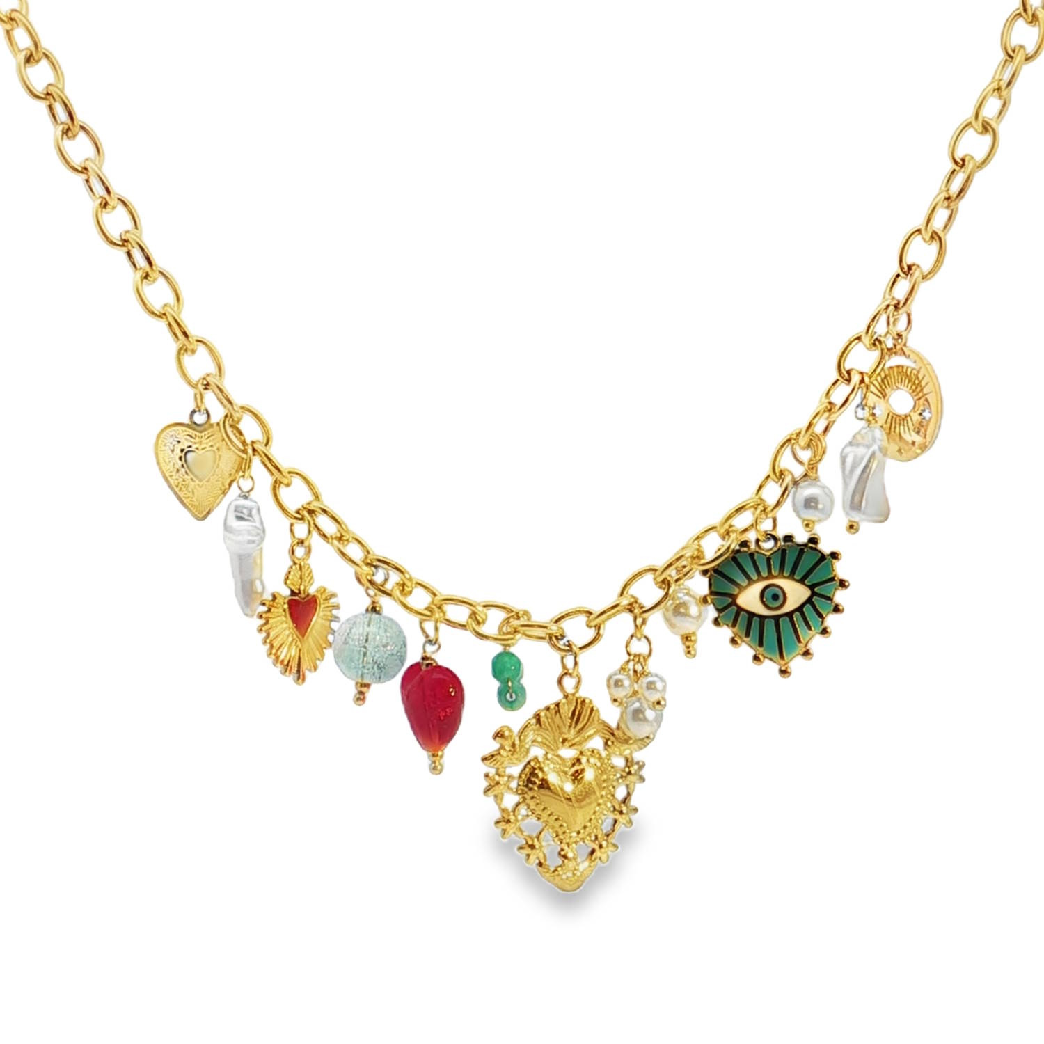 Sublime collier à breloques en acier doré, orné de perles rondes et de motifs variés.<br/>Ce bijou fantaisie capture l'éclat et la joie de vivre, parfait pour rehausser votre style avec une touche d'originalité.<br/>Les détails soignés et les matériaux de qualité font de ce collier un accessoire incontournable.<br/>Fermoir mousqueton avec 5 cm de rallonge. Coeur Oeil Oeil de Turquie Perle Adolescent Adulte Amour Femme Fille Indémodable Sublime collier à breloques en acier doré, orné de perles rondes et de motifs variés.<br/>Ce bijou fantaisie capture l'éclat et la joie de vivre, parfait pour rehausser votre style avec une touche d'originalité.<br/>Les détails soignés et les matériaux de qualité font de ce collier un accessoire incontournable.<br/>Fermoir mousqueton avec 5 cm de rallonge. Coeur Oeil Oeil de Turquie Perle Adolescent Adulte Amour Femme Fille Indémodable