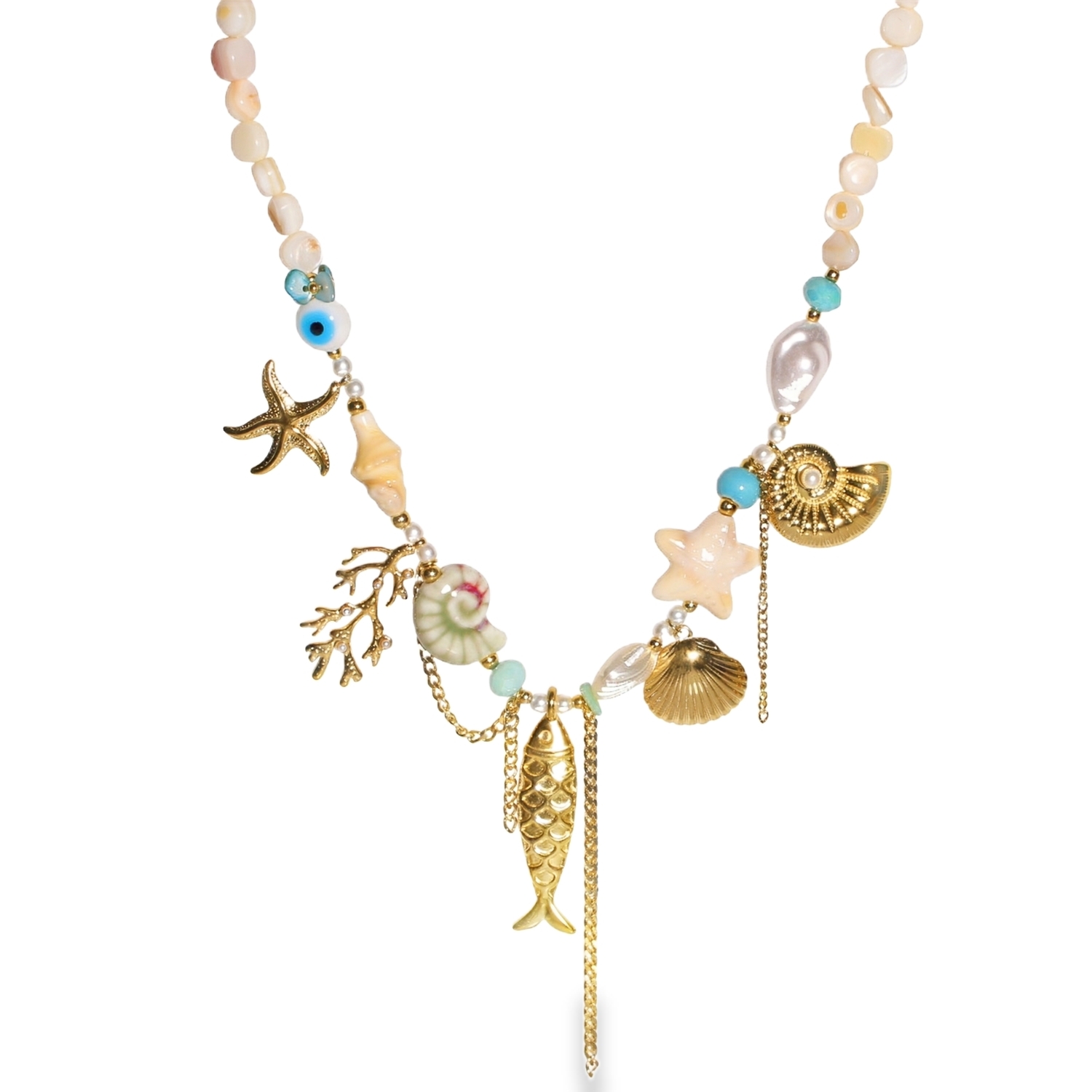 Ce collier captivant est une véritable ode à la mer, mêlant habilement un esprit bohème-chic et une esthétique baroque. Conçu en acier inoxydable de haute qualité avec une finition dorée éclatante, il promet durabilité et résistance au ternissement.<br/>Le bijou se distingue par son assemblage asymétrique et riche en détails.<br/>Une alternance délicate de perles de nacre naturelle aux reflets irisés et de petites perles de rocaille turquoise.<br/>Une collection de breloques minutieusement travaillées, incluant une étoile de mer et un poisson finement ciselés, des coquillages d'imitation et métalliques de différentes formes et une branche de corail doré.<br/>Mais également l'ajout d'un œil protecteur pour une touche porte-bonheur, des perles d'imitation et de fines chaînettes pendantes qui apportent du mouvement et de la verticalité à l'ensemble.<br/>Un mousqueton sécurisé accompagné d'une chaînette d'extension, permettant d'ajuster parfaitement la taille à votre morphologie. Coquillage Oeil Oeil de Turquie Perle Poisson Adolescent Adulte Animaux Eté Femme Fille Nature Printemps Symboles Ce collier captivant est une véritable ode à la mer, mêlant habilement un esprit bohème-chic et une esthétique baroque. Conçu en acier inoxydable de haute qualité avec une finition dorée éclatante, il promet durabilité et résistance au ternissement.<br/>Le bijou se distingue par son assemblage asymétrique et riche en détails.<br/>Une alternance délicate de perles de nacre naturelle aux reflets irisés et de petites perles de rocaille turquoise.<br/>Une collection de breloques minutieusement travaillées, incluant une étoile de mer et un poisson finement ciselés, des coquillages d'imitation et métalliques de différentes formes et une branche de corail doré.<br/>Mais également l'ajout d'un œil protecteur pour une touche porte-bonheur, des perles d'imitation et de fines chaînettes pendantes qui apportent du mouvement et de la verticalité à l'ensemble.<br/>Un mousqueton sécurisé accompagné d'une chaînette d'extension, permettant d'ajuster parfaitement la taille à votre morphologie. Coquillage Oeil Oeil de Turquie Perle Poisson Adolescent Adulte Animaux Eté Femme Fille Nature Printemps Symboles