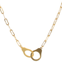 Collier composé d'une chaîne et d'un pendentif en forme de menottes en acier doré. Fermoir mousqueton avec 5 cm de rallonge.