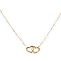 Collier composé d'une chaîne et d'un pendentif formé de deux cœurs entrelacés en acier doré. Fermoir mousqueton avec 5 cm de rallonge.