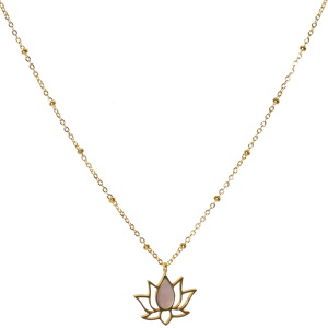 Collier composé d'une chaîne en acier doré et d'un pendentif en forme de fleur de lotus pavée de nacre. Fermoir mousqueton avec 5 cm de rallonge.