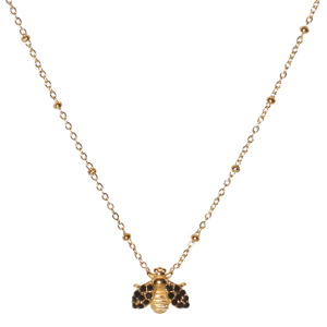 Collier composé d'une chaîne en acier doré et d'un pendentif en forme de d'abeille avec les ailes pavées de strass de couleur noir. Fermoir mousqueton avec 5 cm de rallonge.