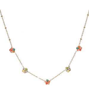 Collier composé d'une chaîne en acier doré avec des fleurs pavées d'émail multicolore. Fermoir mousqueton avec 5 cm de rallonge.