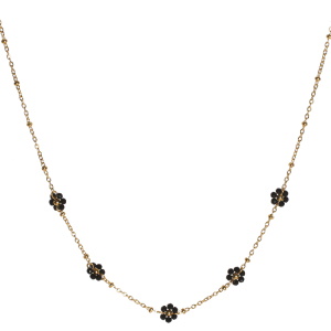 Collier composé d'une chaîne en acier doré avec des fleurs de perles de couleur noire. Fermoir mousqueton avec 5 cm de rallonge.