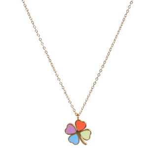 Collier composé d'une chaîne en acier doré et d'un trèfle à quatre feuilles en émail multicolore. Fermoir mousqueton avec 5 cm de rallonge.