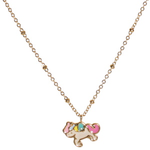 Collier composé d'une chaîne en acier doré et d'un pendentif en forme de licorne pavé d'émail de couleur. Fermoir mousqueton avec 5 cm de rallonge.