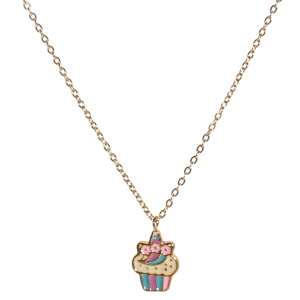 Collier composé d'une chaîne en acier doré et d'un pendentif en forme de dessert pavé d'émail de couleur. Fermoir mousqueton avec 5 cm de rallonge.