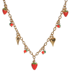 Collier composé d'une chaîne avec deux pendants cœurs en acier doré, de perles rouge et verte et de trois pendants fraises pavés d'émail de couleur. Fermoir mousqueton avec 5 cm de rallonge.