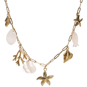Collier composé d'une chaîne avec pendants étoiles de mer, coquillages et algues en acier doré et de pendants poisson, cœur et pastille ovale en nacre. Fermoir mousqueton avec 5 cm de rallonge.