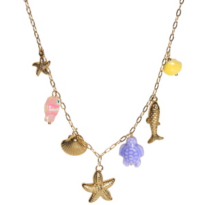 Collier composé d'une chaîne avec des pendants en forme de poisson, d'étoiles de mer et de coquillage en acier doré et de pendants en forme de tortue, de coquillage et de poisson multicolores. Fermoir mousqueton avec 5 cm de rallonge.