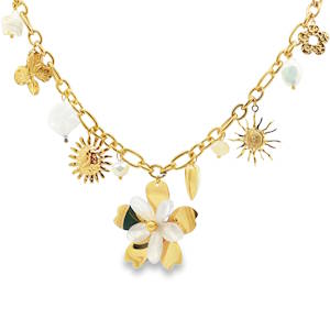 Ce collier à breloques en acier doré est un véritable concentré de soleil et de féminité. Les motifs délicats, tels que les fleurs, le soleil et le papillon, évoquent la joie et la légèreté. Un bijou lumineux qui apportera une touche d'éclat à toutes vos tenues.