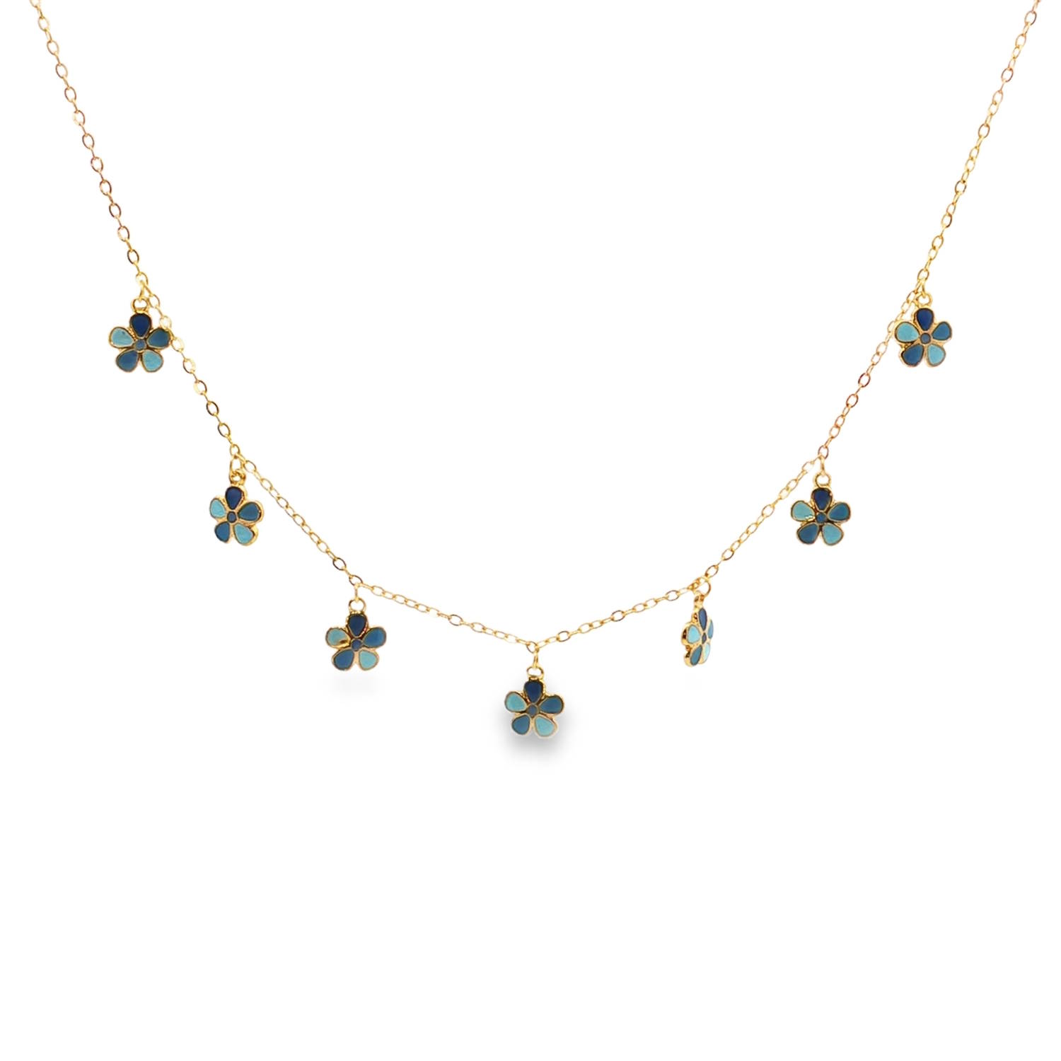 Sublime collier à charms en acier doré.<br/>Sa chaîne délicate est ornée de multiples breloques en forme de fleur émaillée de couleurs bleues. Chaque élément est agencé avec une symétrie parfaite, offrant un mouvement fluide et gracieux.<br/>Une pièce d'exception idéale pour sublimer un décolleté avec une sophistication discrète et luxueuse.<br/>Fermoir mousqueton avec 5 cm de rallonge. Adolescent Adulte Eté Femme Fille Fleurs Nature Printemps Sublime collier à charms en acier doré.<br/>Sa chaîne délicate est ornée de multiples breloques en forme de fleur émaillée de couleurs bleues. Chaque élément est agencé avec une symétrie parfaite, offrant un mouvement fluide et gracieux.<br/>Une pièce d'exception idéale pour sublimer un décolleté avec une sophistication discrète et luxueuse.<br/>Fermoir mousqueton avec 5 cm de rallonge. Adolescent Adulte Eté Femme Fille Fleurs Nature Printemps