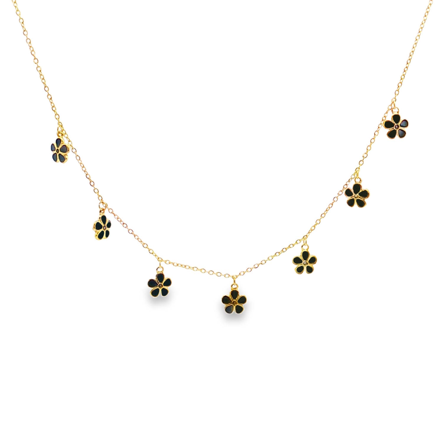 Sublime collier à charms en acier doré.<br/>Sa chaîne délicate est ornée de multiples breloques en forme de fleur émaillée de couleur noire. Chaque élément est agencé avec une symétrie parfaite, offrant un mouvement fluide et gracieux.<br/>Une pièce d'exception idéale pour sublimer un décolleté avec une sophistication discrète et luxueuse.<br/>Fermoir mousqueton avec 5 cm de rallonge. Adolescent Adulte Eté Femme Fille Fleurs Nature Printemps Sublime collier à charms en acier doré.<br/>Sa chaîne délicate est ornée de multiples breloques en forme de fleur émaillée de couleur noire. Chaque élément est agencé avec une symétrie parfaite, offrant un mouvement fluide et gracieux.<br/>Une pièce d'exception idéale pour sublimer un décolleté avec une sophistication discrète et luxueuse.<br/>Fermoir mousqueton avec 5 cm de rallonge. Adolescent Adulte Eté Femme Fille Fleurs Nature Printemps