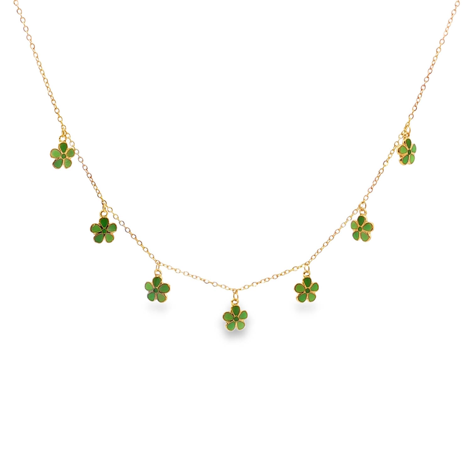 Sublime collier à charms en acier doré.<br/>Sa chaîne délicate est ornée de multiples breloques en forme de fleur émaillée de couleurs vertes. Chaque élément est agencé avec une symétrie parfaite, offrant un mouvement fluide et gracieux.<br/>Une pièce d'exception idéale pour sublimer un décolleté avec une sophistication discrète et luxueuse.<br/>Fermoir mousqueton avec 5 cm de rallonge. Adolescent Adulte Eté Femme Fille Fleurs Nature Printemps Sublime collier à charms en acier doré.<br/>Sa chaîne délicate est ornée de multiples breloques en forme de fleur émaillée de couleurs vertes. Chaque élément est agencé avec une symétrie parfaite, offrant un mouvement fluide et gracieux.<br/>Une pièce d'exception idéale pour sublimer un décolleté avec une sophistication discrète et luxueuse.<br/>Fermoir mousqueton avec 5 cm de rallonge. Adolescent Adulte Eté Femme Fille Fleurs Nature Printemps