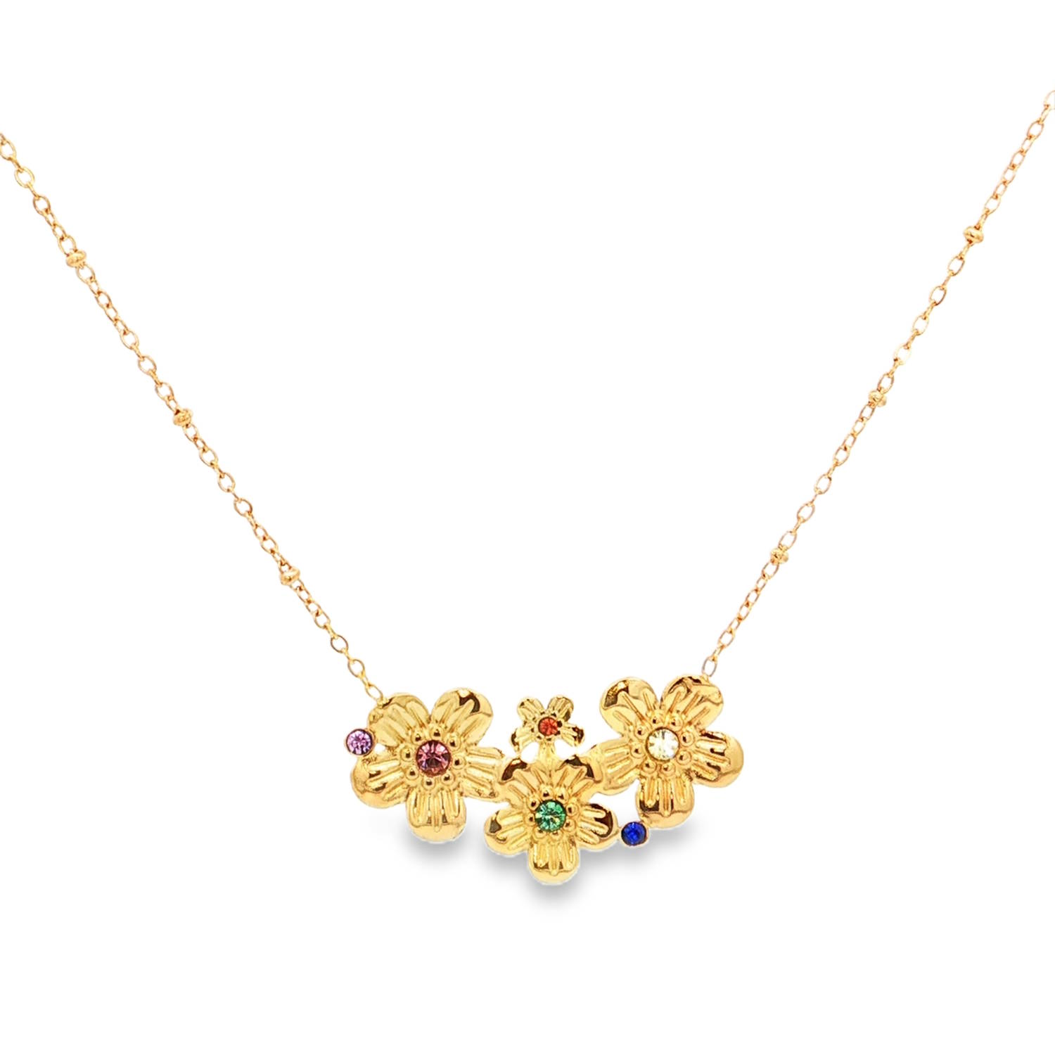 Ce collier élégant en acier doré arbore un pendentif raffiné en forme de fleurs serties de strass multicolore éclatant.<br/>La monture soignée et la chaîne délicate mettent en valeur cette pièce au fini poli miroir, créant un arrangement harmonieux idéal pour sublimer tout décolleté avec une touche de sophistication intemporelle.<br/>Fermoir mousqueton avec 5 cm de rallonge. Strass Adolescent Adulte Eté Femme Fille Fleurs Nature Printemps Ce collier élégant en acier doré arbore un pendentif raffiné en forme de fleurs serties de strass multicolore éclatant.<br/>La monture soignée et la chaîne délicate mettent en valeur cette pièce au fini poli miroir, créant un arrangement harmonieux idéal pour sublimer tout décolleté avec une touche de sophistication intemporelle.<br/>Fermoir mousqueton avec 5 cm de rallonge. Strass Adolescent Adulte Eté Femme Fille Fleurs Nature Printemps