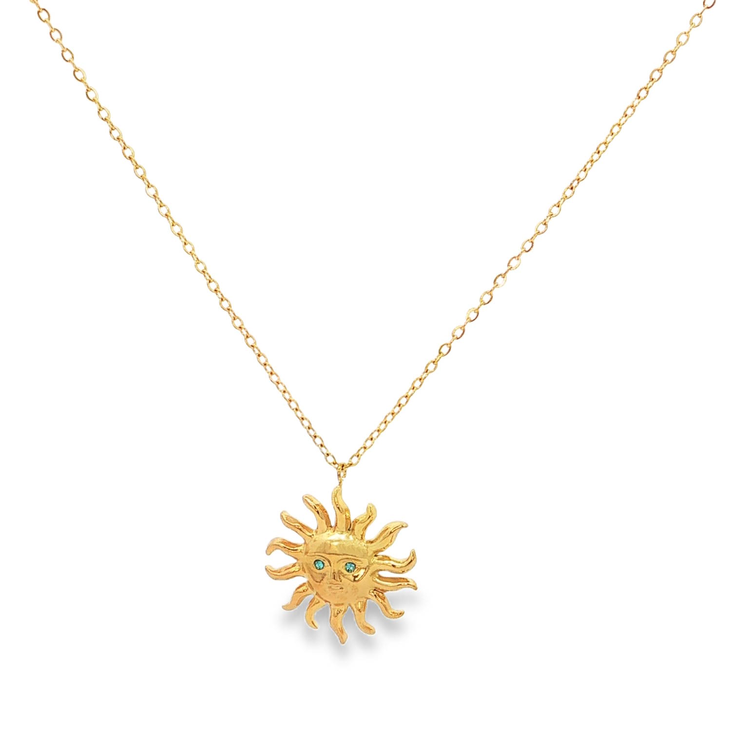 Ce collier en acier incarne un style à la fois solaire et mystique, parfait pour illuminer une tenue quotidienne avec une touche de caractère.<br/>La pièce maîtresse est un soleil anthropomorphe (avec un visage) aux traits finement gravés, rappelant les illustrations célestes vintage ou les symboles de l'astrologie. Ses rayons ondulés et inégaux lui donnent un aspect organique et artisanal.<br/>Le regard du soleil est magnifié par deux cristaux étincelants turquoises sertis à la place des yeux, apportant une pointe de luxe et un éclat subtil à chaque mouvement.<br/>Un mousqueton sécurisé accompagné d'une chaînette d'extension, permettant d'ajuster parfaitement la taille à votre morphologie. Rond Soleil Strass Adolescent Adulte Femme Fille Indémodable Nature Ce collier en acier incarne un style à la fois solaire et mystique, parfait pour illuminer une tenue quotidienne avec une touche de caractère.<br/>La pièce maîtresse est un soleil anthropomorphe (avec un visage) aux traits finement gravés, rappelant les illustrations célestes vintage ou les symboles de l'astrologie. Ses rayons ondulés et inégaux lui donnent un aspect organique et artisanal.<br/>Le regard du soleil est magnifié par deux cristaux étincelants turquoises sertis à la place des yeux, apportant une pointe de luxe et un éclat subtil à chaque mouvement.<br/>Un mousqueton sécurisé accompagné d'une chaînette d'extension, permettant d'ajuster parfaitement la taille à votre morphologie. Rond Soleil Strass Adolescent Adulte Femme Fille Indémodable Nature